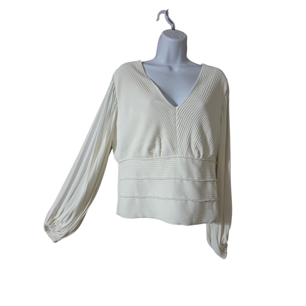 WHBM Ivory Long-Balloon-Sleeve V-Neck Pintuck Pleated Smocked Blouse Top 12